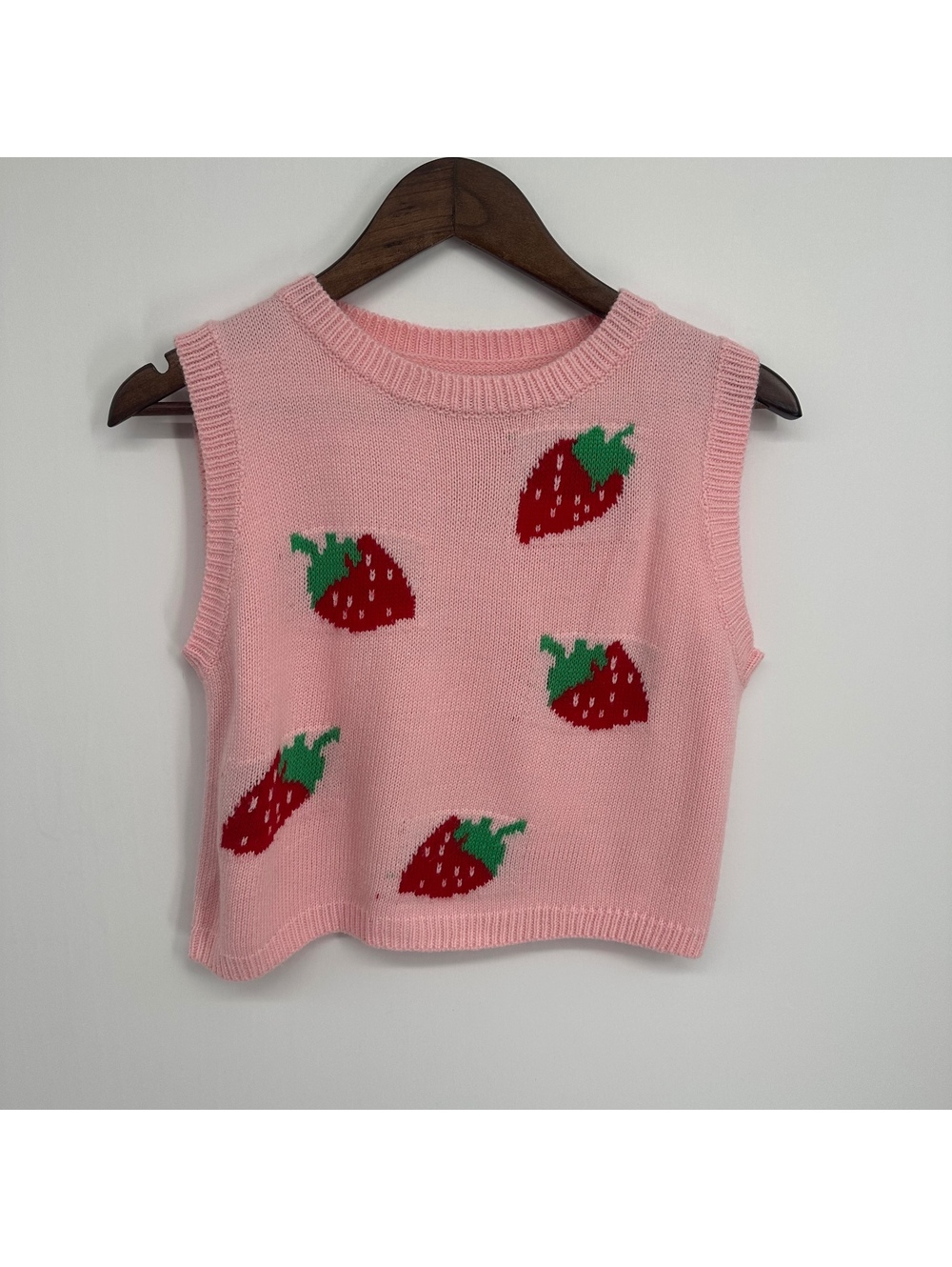 Pink Strawberry Cropped Sweater Vest Girlhood Core Knit Tank M